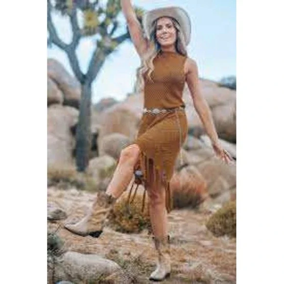 Cupshe NEW Rust Crochet Fringe Mini Dress Festival Mesh Boho Indie Hippie - Picture 1 of 12